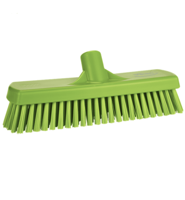 Green plastic scrub brush with bristles.